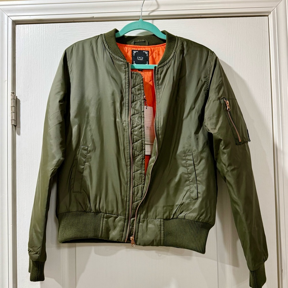 Olive Bomber Jacket with Vibrant Orange Lining - L